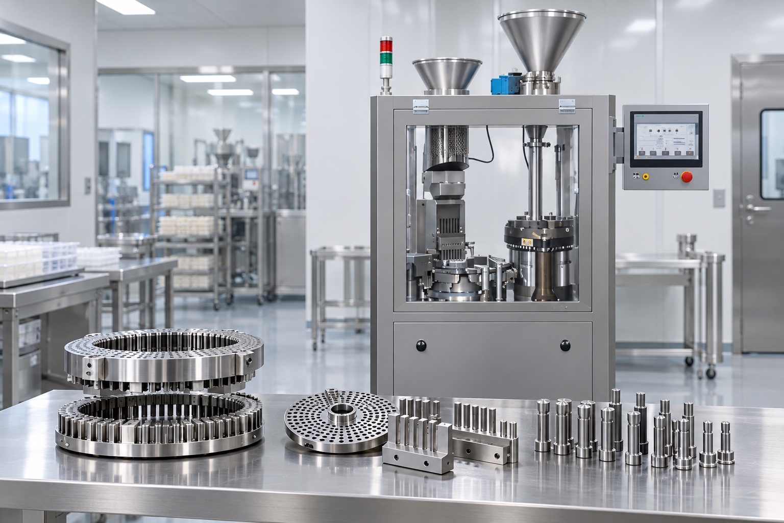 Illustration of an automatic hard capsule filler with capsule segments, dosing disc and tamping parts arranged in front