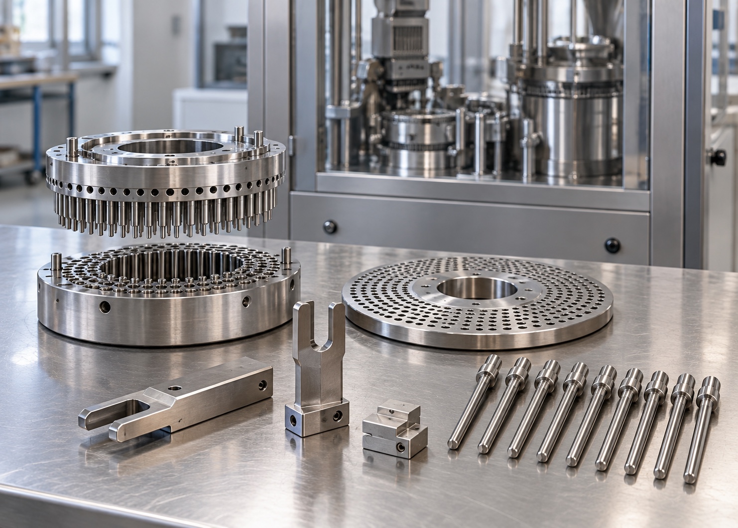 Capsule filler modules, dosing plate, forks, and filling rods arranged for inspection
