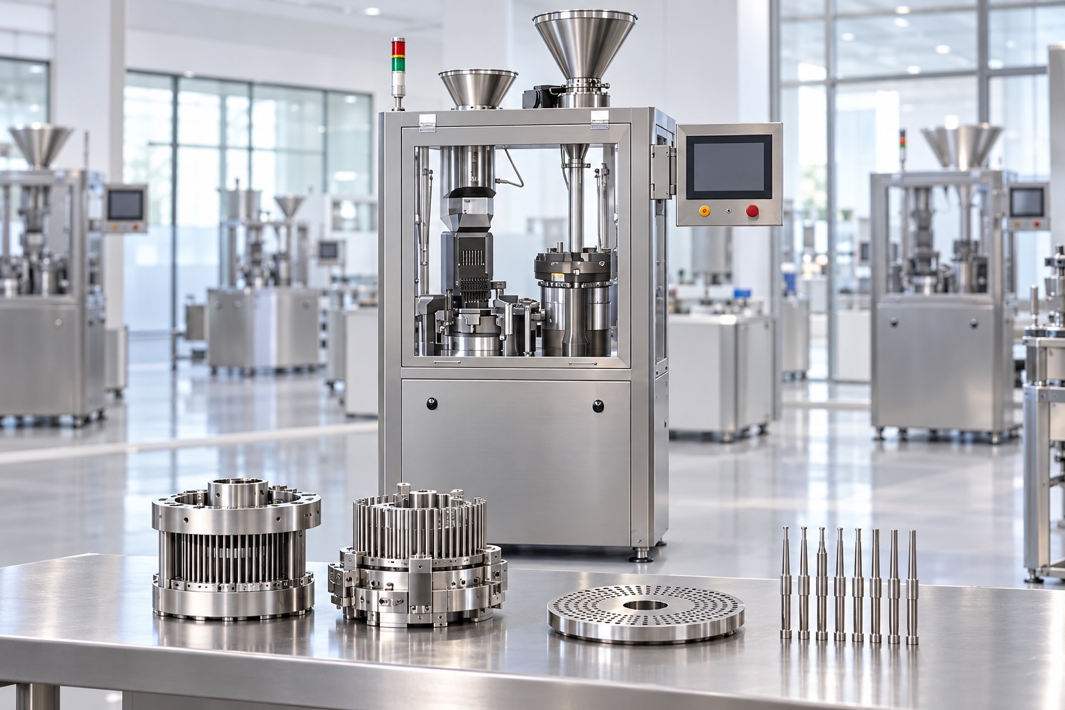 Automatic capsule filling machine with modules, dosing plate, and filling rods on a workbench