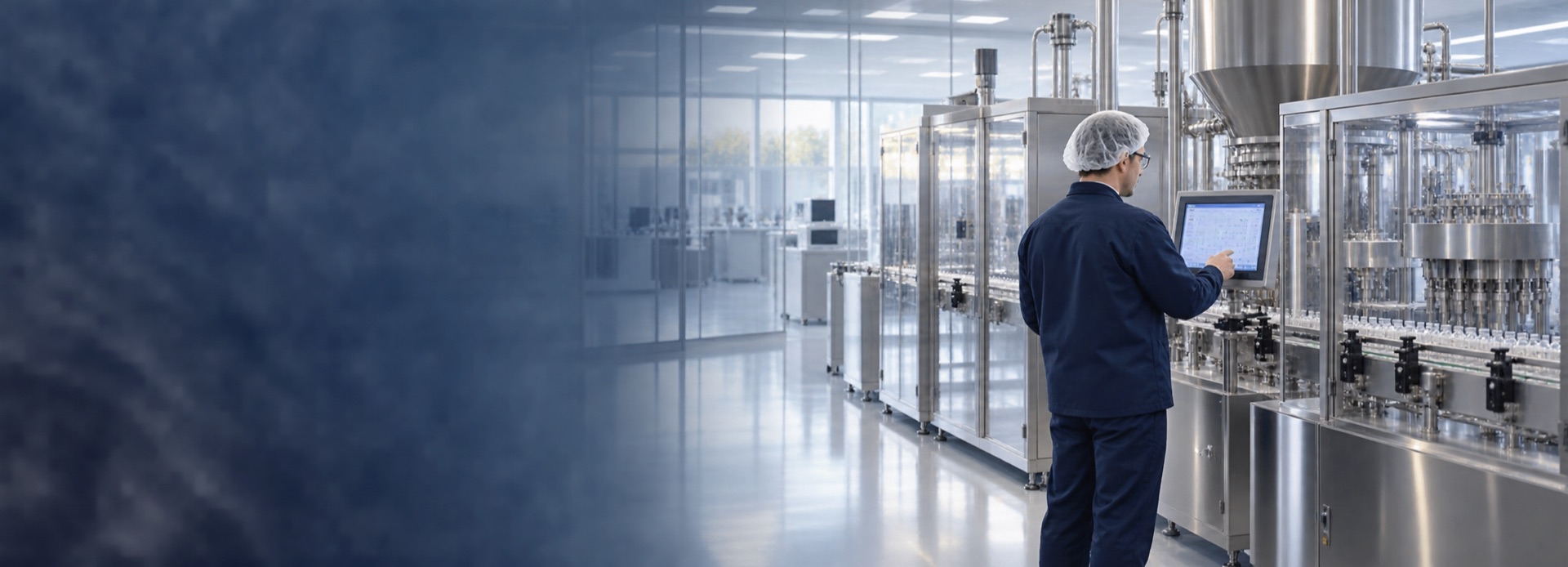 Engineering specialist reviewing a pharmaceutical production line