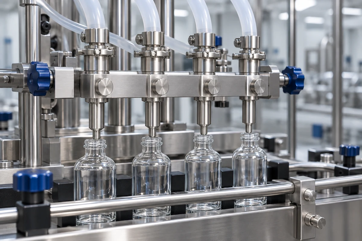 Close view of stainless-steel filling equipment components