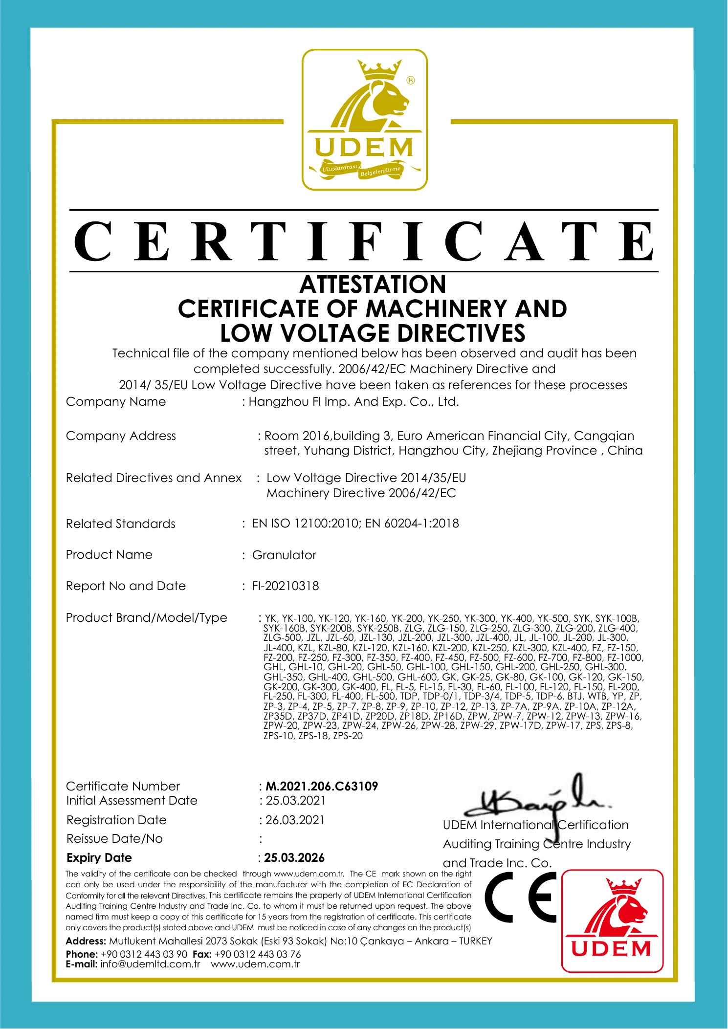 CE granulator certificate