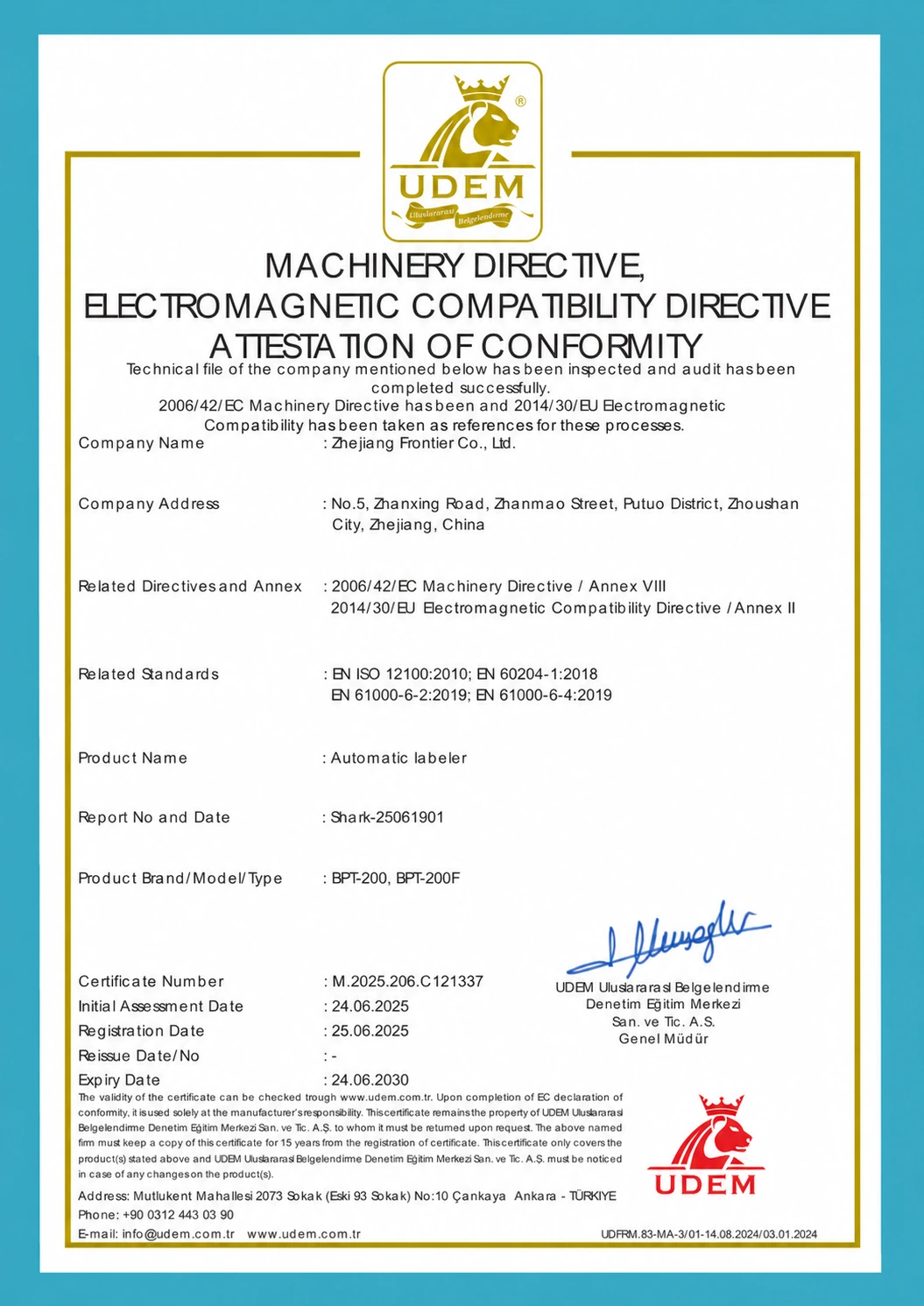Automatic labeler certificate