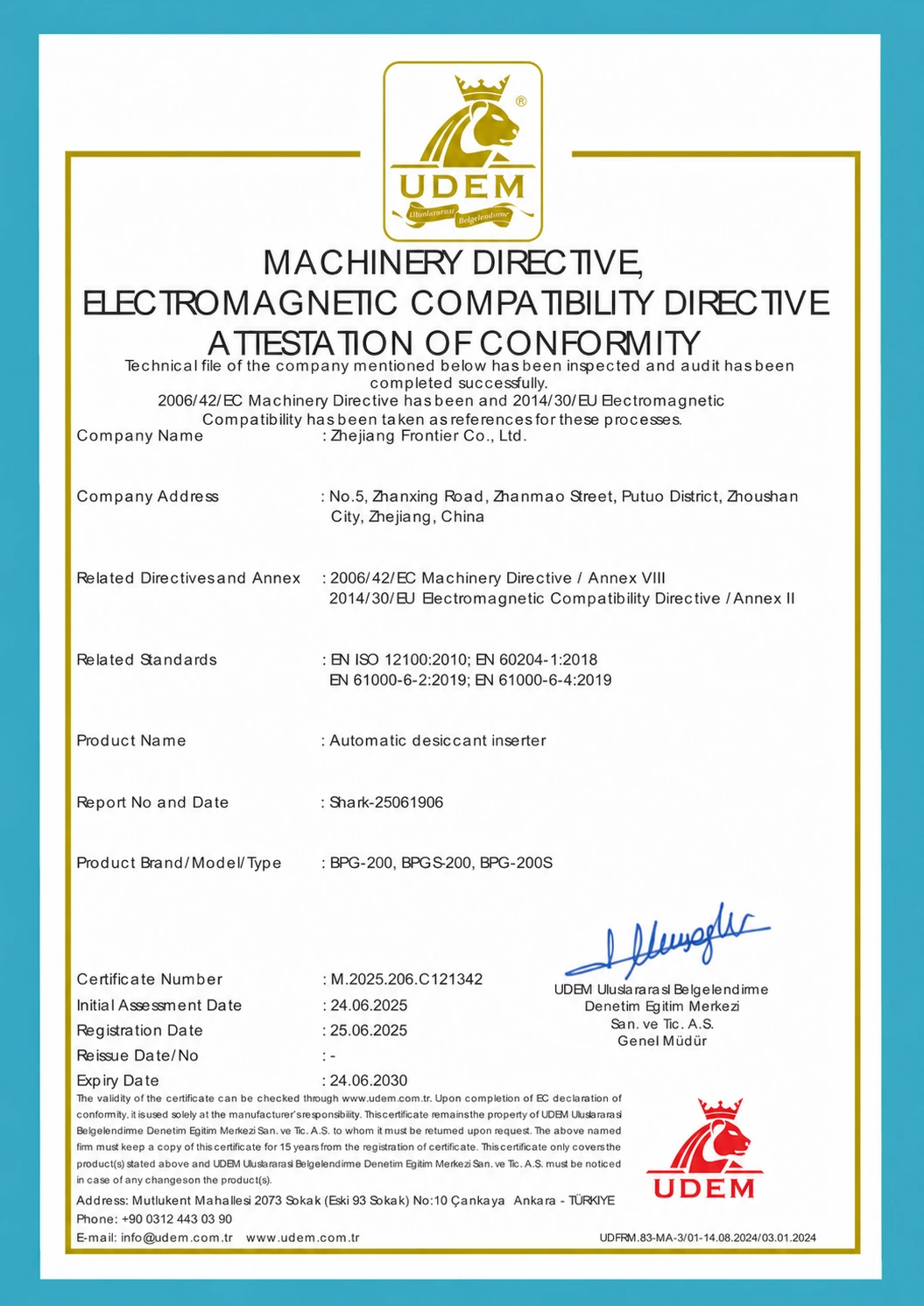 Desiccant inserter certificate