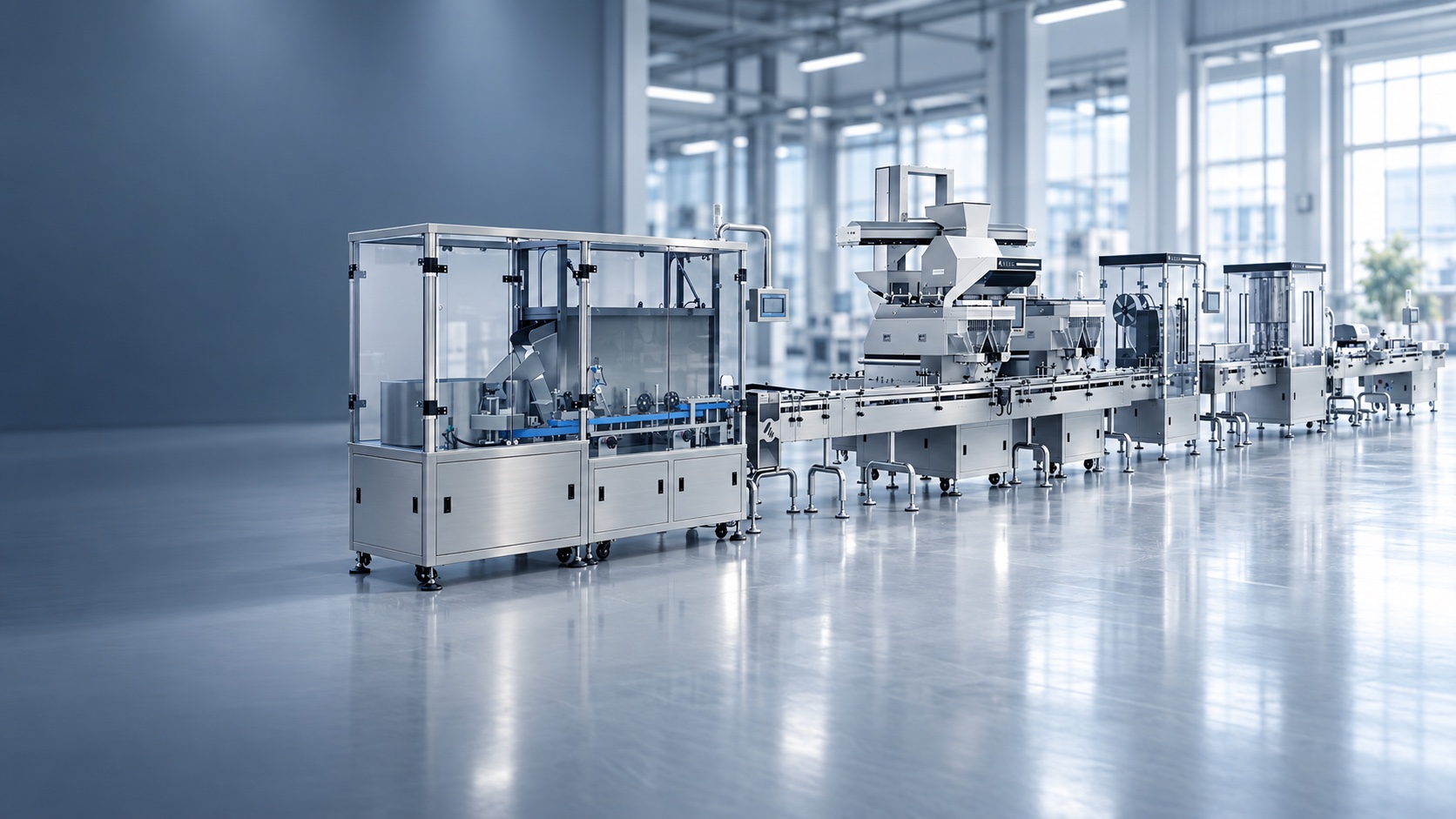 Stainless-steel pharmaceutical packaging machinery on a production floor