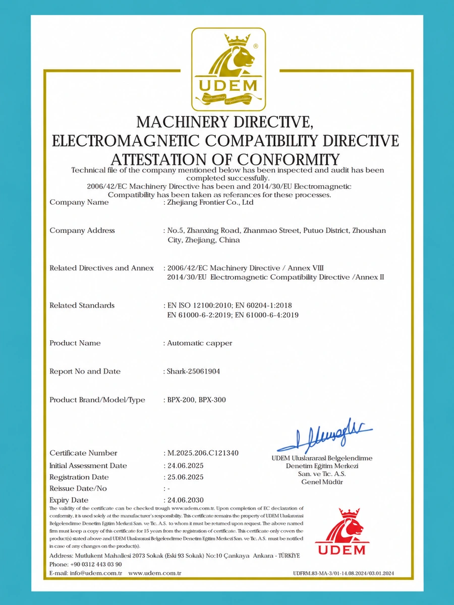 Automatic capper certificate
