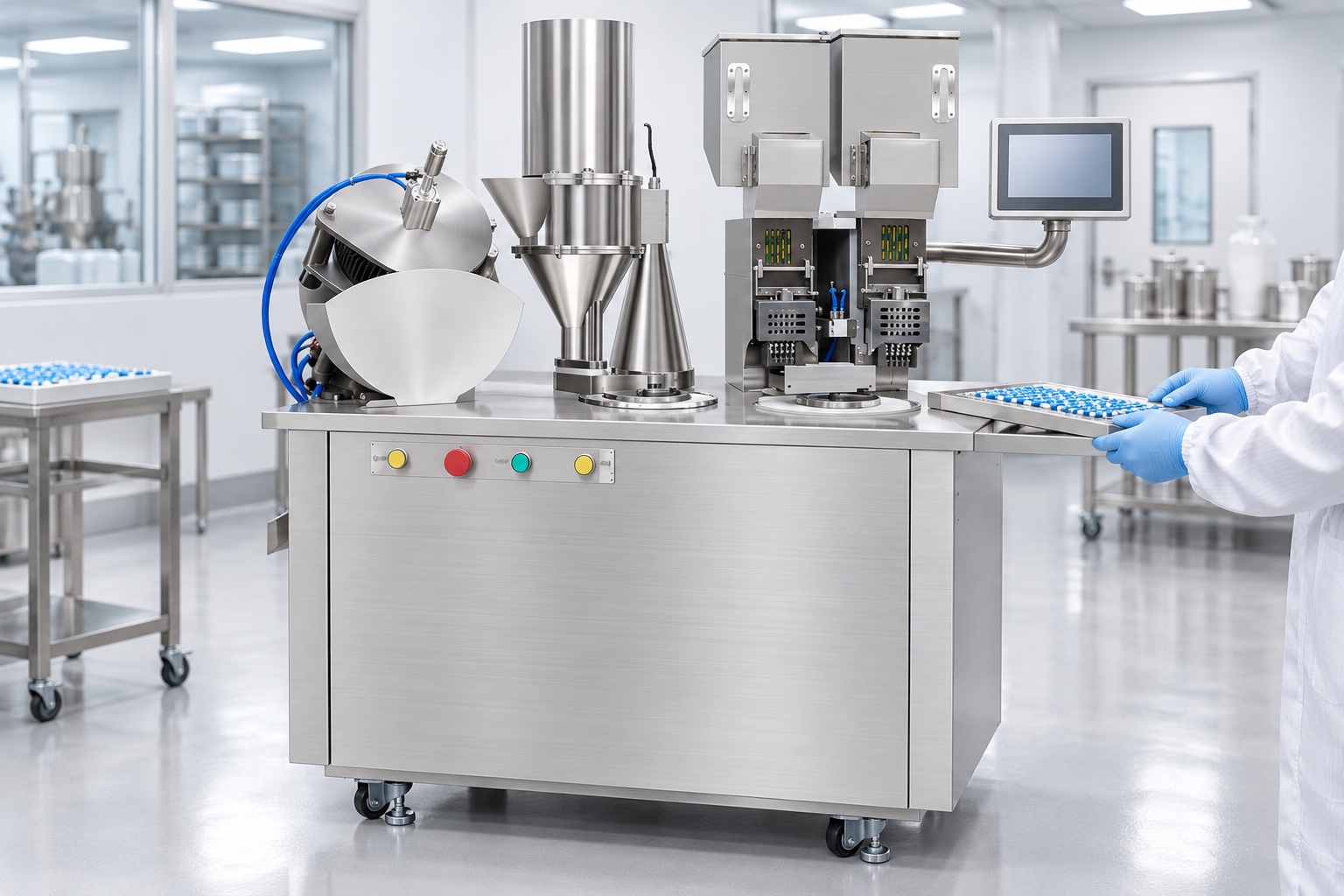 FI-SCF style semi automatic capsule filling machine with operator and capsule tray