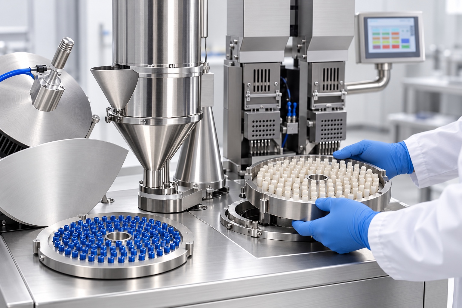 Operator transferring a capsule body tray beside a semi automatic filling station