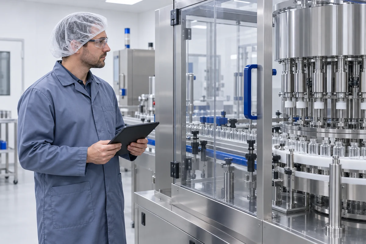 Service engineer inspecting packaging machinery
