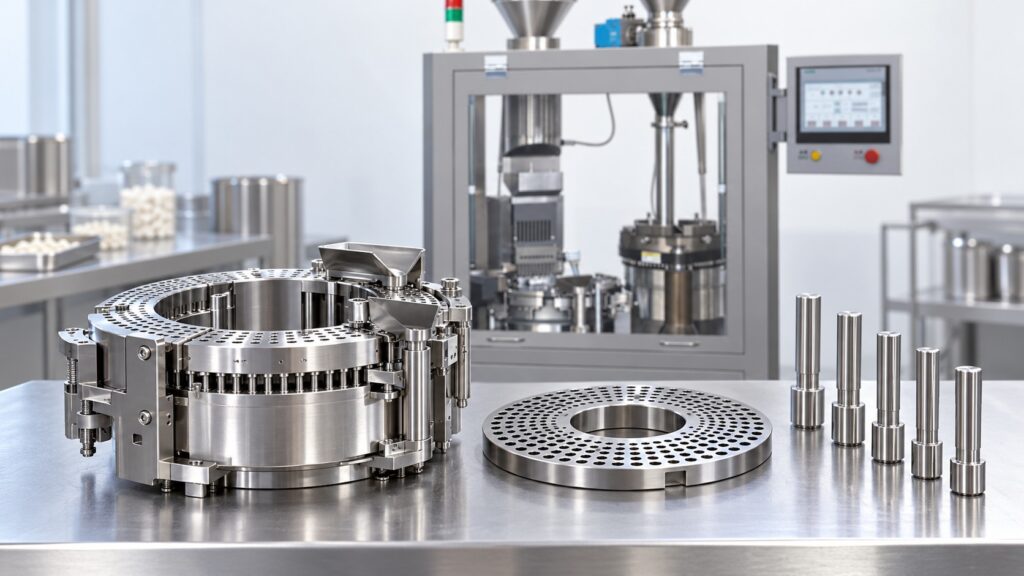Illustrative capsule segment, dosing disc, and tamping pins beside an automatic filler