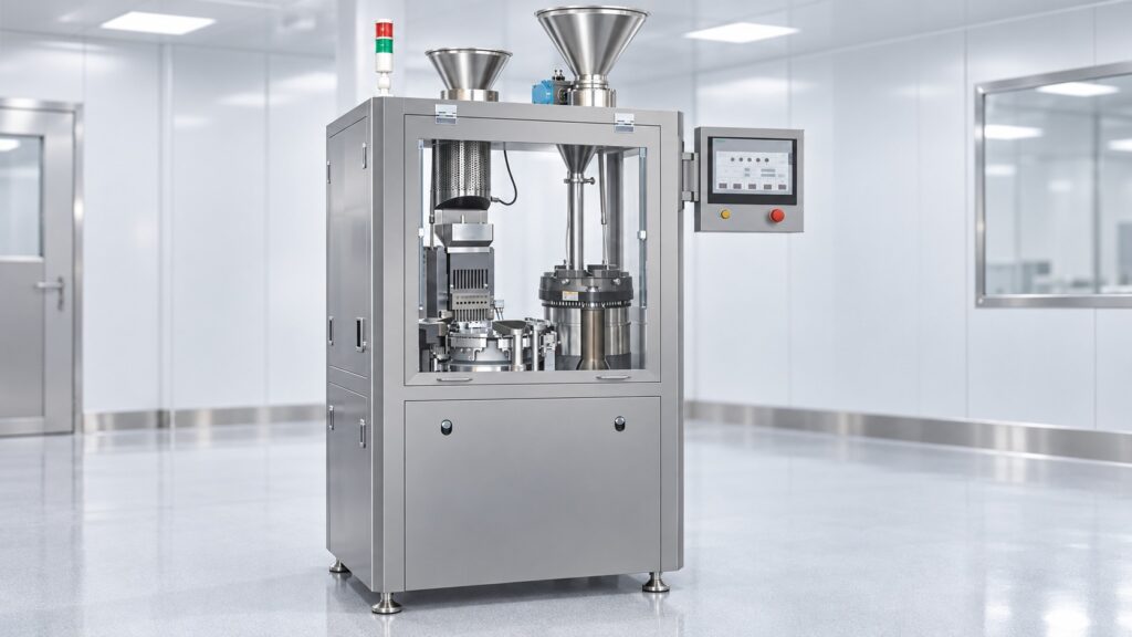 Illustration of an automatic hard capsule filling machine in a clean production room