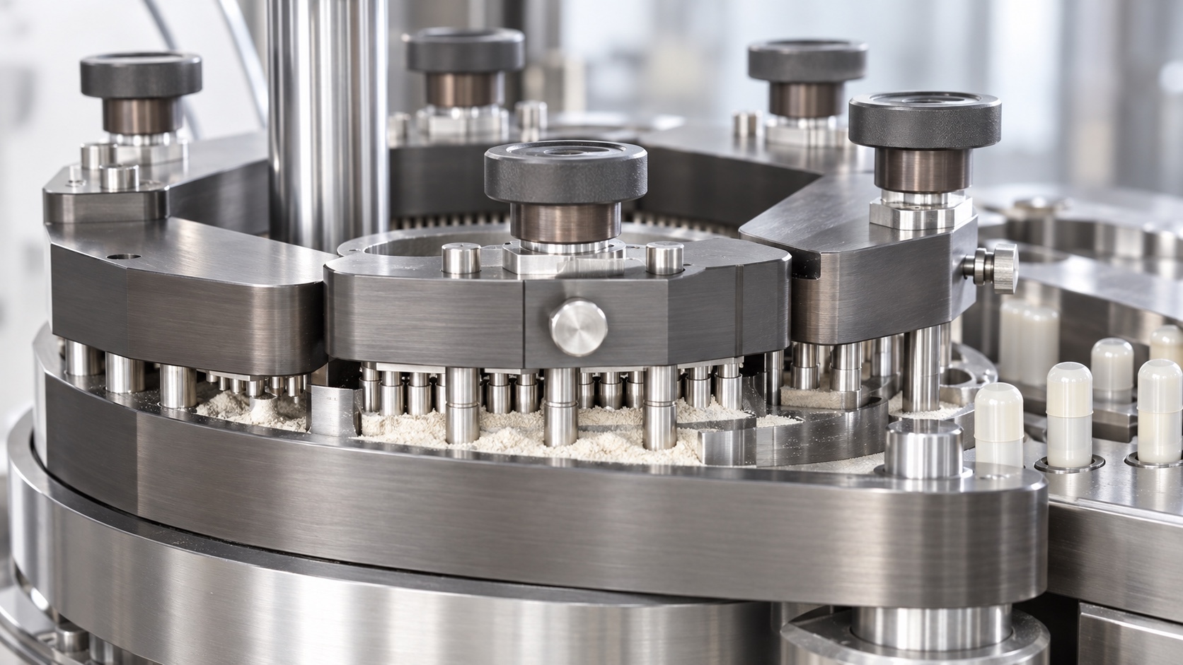 Illustration of powder dosing disk and tamping pins in a capsule filler