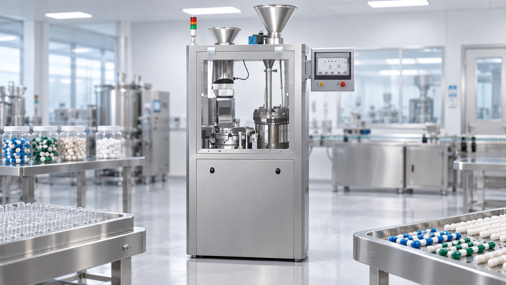 Illustration of a Fimachinery-style automatic hard capsule filling machine