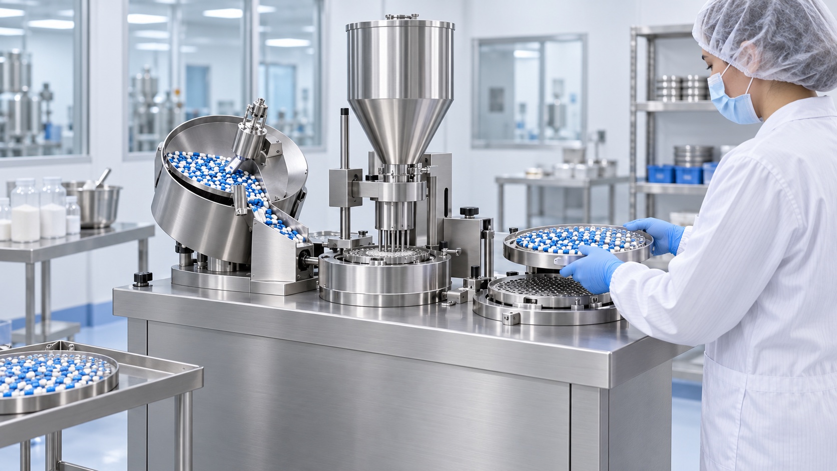 Operator transfers a capsule tray at a semi-automatic hard capsule filling workstation