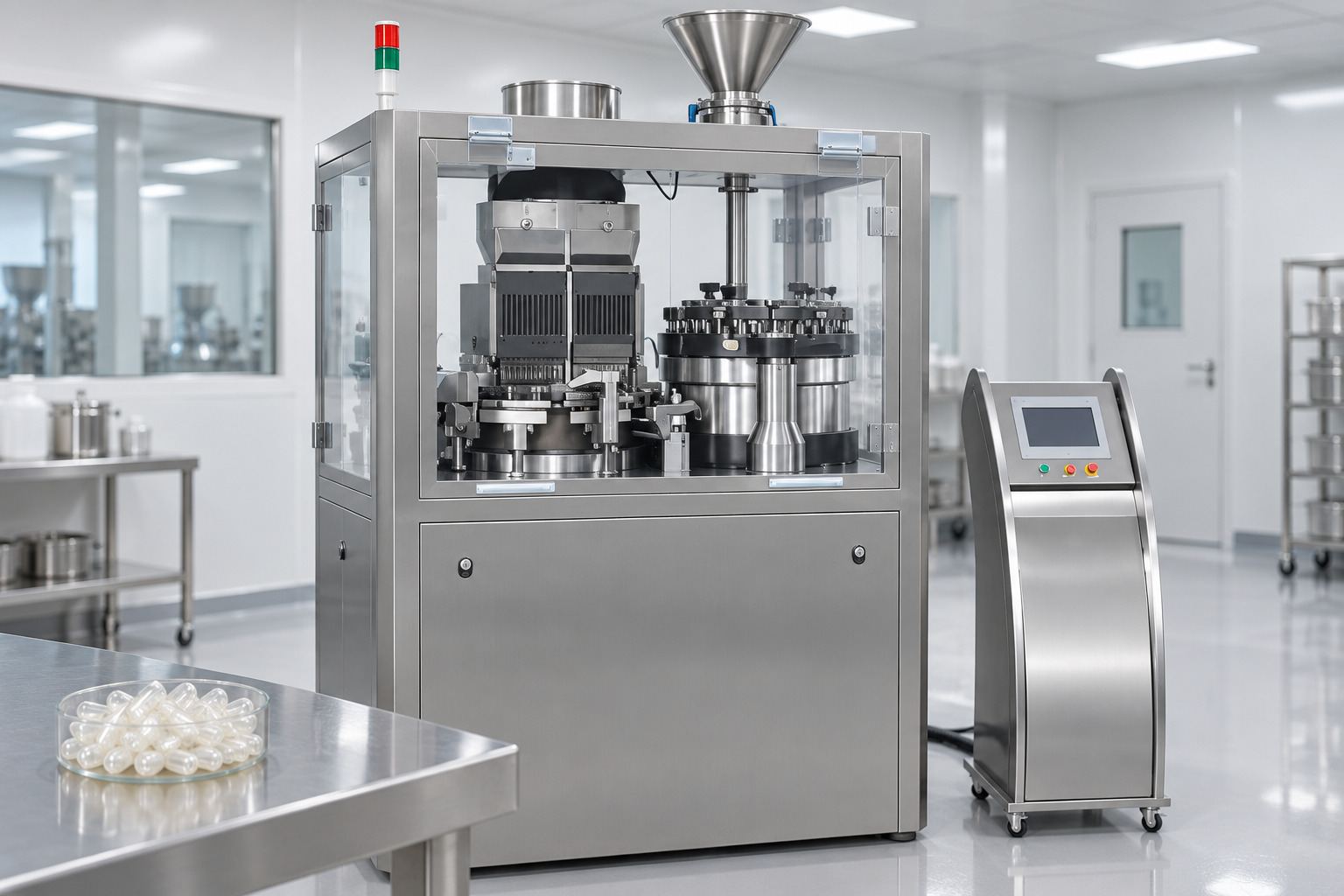 Enclosed automatic powder capsule filling machine with hopper and rotary filling area