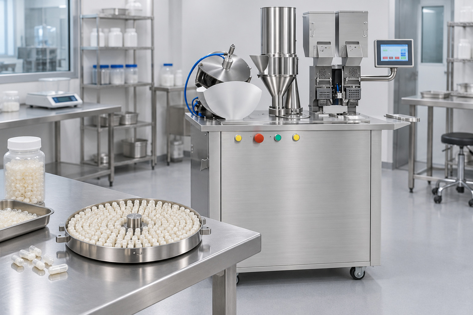 Semi-automatic capsule filling machine beside a tray of two-piece hard capsules